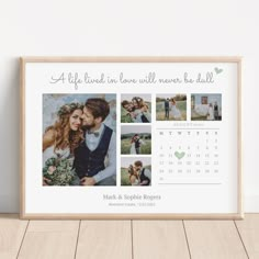 a wooden frame with an image of a couple and their wedding date