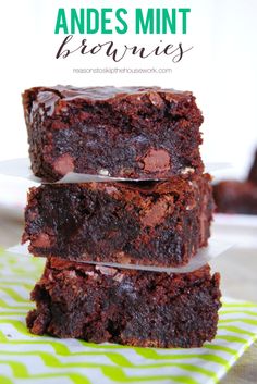 three chocolate brownies stacked on top of each other with the words, andes mini brownies