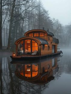 a houseboat floating on top of a lake surrounded by trees in the foggy forest