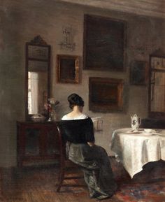 a painting of a woman sitting at a table