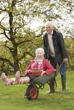 Older couple having fun. I guess your Never too old for a wheelbarrow ride in the garden! Prove Love, Winter Gardening, Medical Alert, Old Age