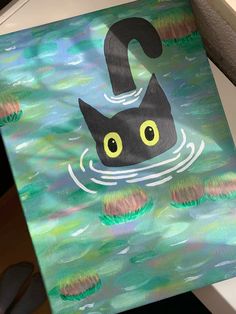 a painting of a black cat in the water with a question mark on it's face