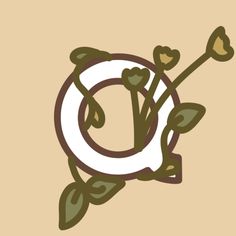 the letter o is made up of leaves and flowers on a beige background with green stems