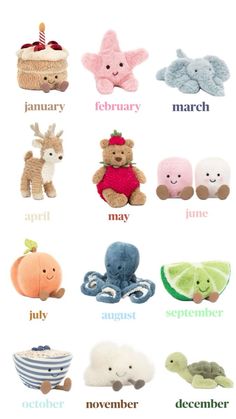 an image of stuffed animals and their names