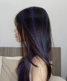 Sunk Hairstyles, Indigo Highlights Brown Hair, Coloured Hair Highlights, Hair Dye Highlights Color, Single Highlight Streak, Dark Blue Underdye Hair, Midnight Blue And Purple Hair, Hairdye Ideas For Black Hair, Black Hair Colored Tips