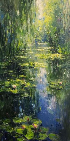 an oil painting of water lilies and trees