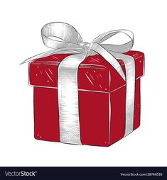 a red gift box with a white ribbon and a bow on the top is drawn by hand