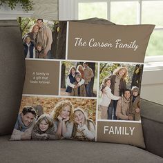 a family photo pillow on a couch in front of a window with the words, the cassson family