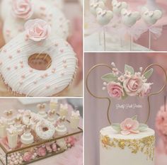 a collage of pink and white cakes, cupcakes, and other items