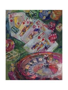 a painting of playing cards and chips on a table