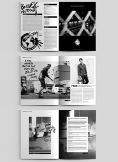 an open magazine is shown with black and white images on the front, side and back pages