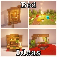 four different views of a bed made out of wood and plants, with text overlay that says bed ideas