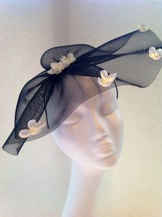 Black &white fascinator headband Flower headband by doramarra, $80.00 Black Mini Hat For Kentucky Derby Wedding, Black Summer Wedding Headpieces, Black Headpiece For Spring Wedding, Black Wedding Fascinator For Spring, Summer Wedding Black Costume Hats And Headpieces, Black Summer Event Headpiece, Black Mini Hats For Summer Weddings, Elegant Spring Party Veil, Summer Wedding Black Fascinator