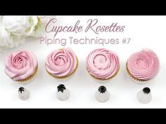 cupcakes with pink frosting are arranged in different shapes and sizes on a white background