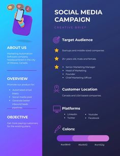 a purple and blue resume with icons on the front, side and back cover for social media campaign