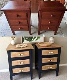 two wooden dressers side by side in different stages of being painted