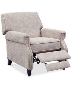 the reclining chair with footstool is shown in light gray fabric and has an ottoman