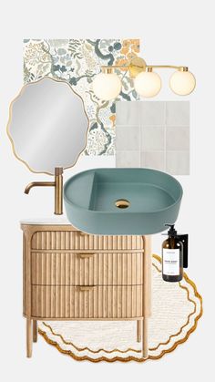 a bathroom vanity with a sink, mirror and soap dispenser on it