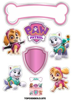 the paw patrol stickers are on display in front of a white background with pink accents