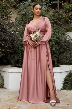 Formal Long Sleeve Dress Evening Gown - The Dress Outlet Long Sleeve Evening Dress With Sweep Train For Bridesmaid, Long Sleeve Bridesmaid Gown For Prom Season, Pink Long Sleeve Satin Gown, Pink Satin Long Sleeve Gown, Pink Long-sleeved Satin Gown, Long Sleeve Bridesmaid Dress For Prom Season, Pink Long Sleeve Evening Dress With Sweep Train, Long Sleeve Bridesmaid Dress For Prom, Long Sleeve Wedding Gown With Ruched Bodice