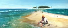 a man sitting on top of a sandy beach next to the ocean with an island in the background