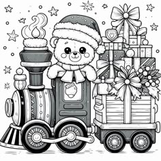 a black and white drawing of a teddy bear riding on a train with christmas presents