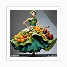 a woman in a dress made out of fruits