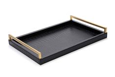 a black and gold tray with an alligator skin pattern on the bottom, along with two handles