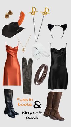 an assortment of women's clothes and accessories including boots, hats, gloves, scarves