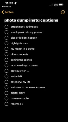 the photo dump insta captions screen is shown in black and has white text on it