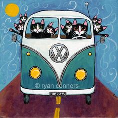 three cats are riding in the back of a vw bus with four cats on top