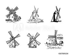 hand drawn windmills on white background