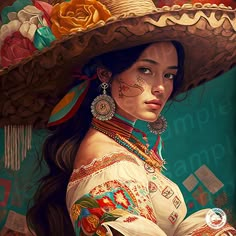 a painting of a woman wearing a sombrero with flowers on her head and necklaces around her neck