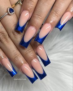 Royal Blue Chrome Nails Designs, Dark Blue Nails With Design Acrylic, Dark Blue Chrome Nails French Tip, Sapphire Nail Ideas, Dark Blue French Tip Nails Square, Blue Nails Medium Length, Cute Navy Blue Nails, Dark Blue French Nails, Dark Blue And Silver Nails