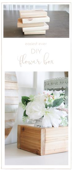 some flowers are in a wooden box on a table with the words easy over diy flower box