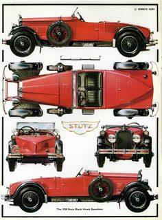 an old red car is shown in four different views, including the front and back