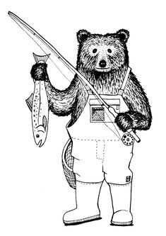 a black and white drawing of a bear holding a fish in his hands while wearing overalls