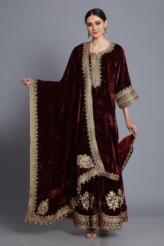 Wine red kurta with zardozi, badla embroidery and sequin detail. Comes with embroidered sharara and dupatta. - Aza Fashions Kashmiri Kurta, Kashmiri Suits, Velvet Shawls, Gharara Designs, Velvet Outfit, Velvet Dupatta, Kurta Sharara Set, Red Kurta, Kurta Sharara