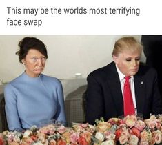 two people sitting at a table with flowers in front of them and the caption reads, this may be the world's most terrifying face swap