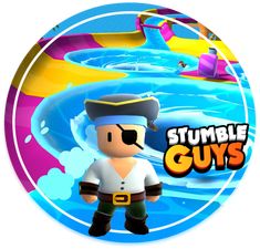 a cartoon character standing in front of a blue and purple background with the words stumble guys on it