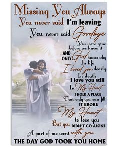 a poster with the words missing you always and an image of two people hugging each other