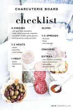 the charcuterie board checklist includes olives, meats, cheeses and crackers