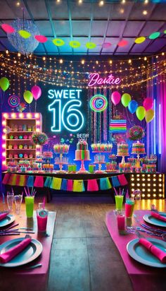 an image of a sweet 16 birthday party setting with neon colors and balloons on the ceiling