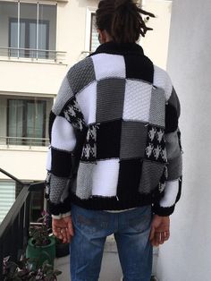 This is a super soft patchwork cardigan which is black, gray and white. It can be personalized. Black Patchwork Sweater For Streetwear, Gray Patchwork Sweater For Winter, Oversized Black Patchwork Sweater, White Long Sleeve Patchwork Cardigan, Cozy White Patchwork Outerwear, Black Patchwork Cardigan For Winter, Black Patchwork Cardigan For Layering, Winter Black Patchwork Cardigan, Black Patchwork Cardigan For Fall