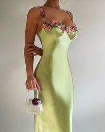 Floral Embroidery Satin Midi Dress – AvocadoMall Plunge Bodycon Dress, Stella Maris, Richie Rich, Yellow Satin, Halter Midi Dress, Sling Dress, Satin Midi Dress, Green Midi Dress, Flower Dress