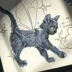 a drawing of a black cat with stars on it's chest and tail, in front of a white background