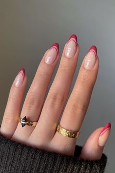 Do you love the way classy red french nails design looks on your hands? If so, here are chic red French tip nails to try out. Find more trendy acrylic nail ideas, red french tip acrylic nails, almond or oval shape burgundy nail art, january nails, gel or acrylic nail designs and more tips on beauty and style. Red French, Nails Design, Nail Ideas, Nail Designs, Nail Polish, Nail Art, Nails, Ring, Red