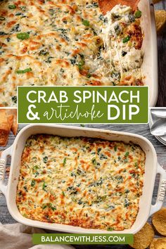 crab spinach and artichoke dip in a casserole dish with tortilla chips