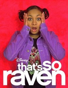 a woman in purple jacket holding her hands up to her face with the words that's so raven on it