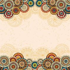 an ornate background with circles and flowers in orange, blue, yellow and brown colors